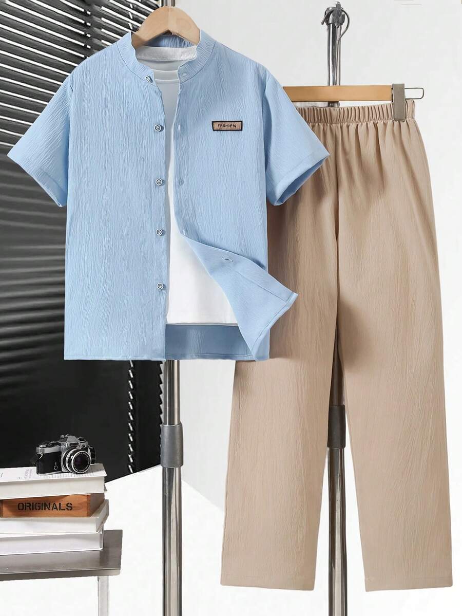 SHEIN مجموعة قميص أكمام قصيرة بأزرار وبنطلون كاجوال للأولاد، ربيع/صيف، 2 قطعة - متعدد الألوان - مشاهدة 1