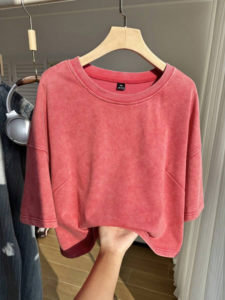Comfortcana Spring Cotton Washed Snow Flake Print Plus Size Red Short Sleeve T-Shirt