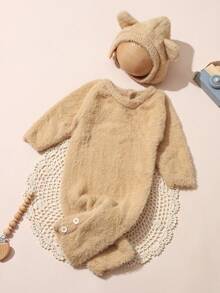 SHEIN 2Pcs Set Khaki Newborn Baby Jumpsuit Knitting Animal Style Ears Photography Outfits - Khaki - View 7
