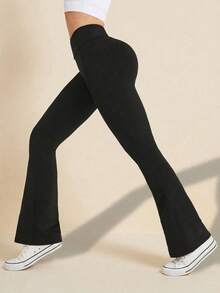 Mallas acampanadas de talle alto para mujer, mallas acampanadas que levantan el trasero, mallas sin costuras de pierna ancha y estilizada, pantalones de yoga con bota acampanada de unicolor, pantalones deportivos negros que adelgazan el abdomen, mallas casuales, pantalones deportivos - Negro - Ver 2