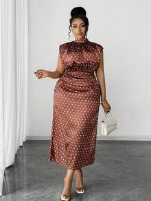 Maweii Plus Size Elegant Polka Dot Print Sleeveless Midi Dress, Suitable For Commuting/Perfect For Dates, Outings.Summer - Multicolor - View 4