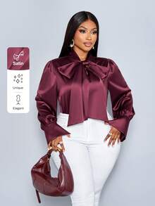 SOLERSUN 大码女装新款时尚纯色亮面缎面深V领衬衫领套头长袖纽扣宽松休闲上衣气质轻奢衬衫，领口系带蝴蝶结衬衫，日常百搭通勤衬衫，适合音乐会、派对、约会、晚宴、婚礼季、新年装扮、日常通勤、伴娘、圣诞节、春季、秋季、冬季等各种场合。 - 中紫紅色 - 查看 7