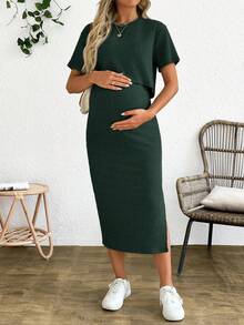 SHEIN Bộ 2 món áo và váy bầu tay ngắn màu trơn kiểu dáng thường ngày. - màu xanh lá - Xem 3