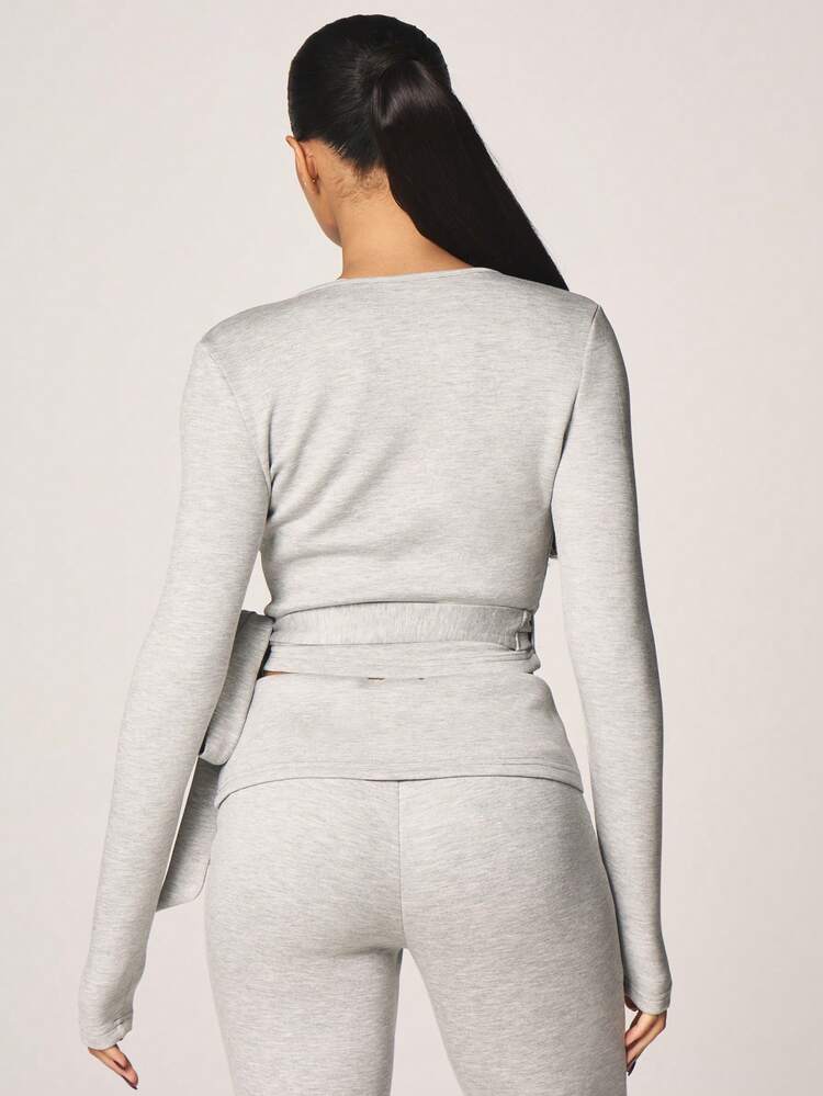 MISSGUIDED Long Sleeve V-Neck Wrap Around Cropped Top With Side Tie Detail Perfect For Layering And Casual Fall Winter Outfits