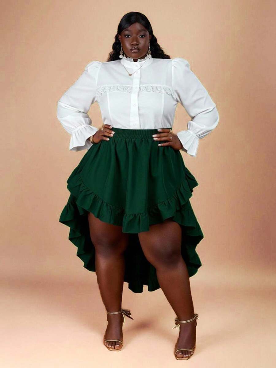 CurvyTilda Chân váy xếp nếp màu xanh lá đậm cỡ lớn dành cho nữ, Chân váy xếp lớp màu xanh lá đậm cổ điển - Màu xanh lá cây đậm - Xem 1