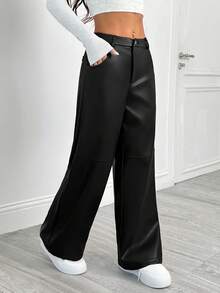 SHEIN PETITE Pantalones rectos de piel de poliuretano sólida color borgoña, adecuados para Navidad, Año Nuevo, San Valentín, otoño/invierno, fiestas, citas - Negro - Ver 4
