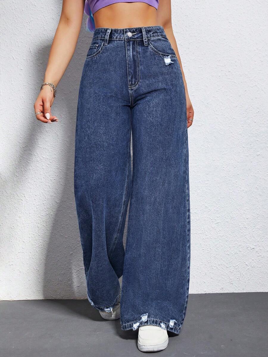 Quần jeans ống rộng rách cá tính thường ngày dành cho nữ - Rửa tối - Xem 1