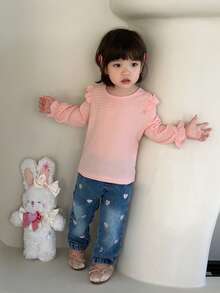 SHEIN 0-3 Jahre Baby Mädchen Frühling/Herbst süßer rosa Rundhals Langarm-Top mit Herz-Stickerei und Jeans-Hose Set, geeignet für Ausflüge, Lässig Bekleidung und Eltern-Kind-Partys - Verschiedenfarbig - Übersicht 8