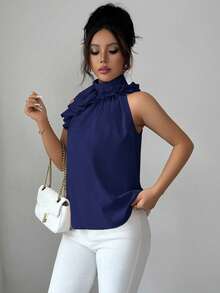 Balvessa Ruched Sleeveless Blouse, Intellectual And Elegant - Navy Blue - View 3