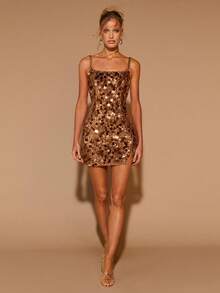 COSMINA 女士方领开衩吊带连衣裙，魅力派对礼服，鸡尾酒会礼服，晚宴礼服，亮片连衣裙，约会礼服，圣诞派对礼服，圣诞节礼服，新年礼服，迷你连衣裙，情人节礼服 - 棕色 - 查看 3