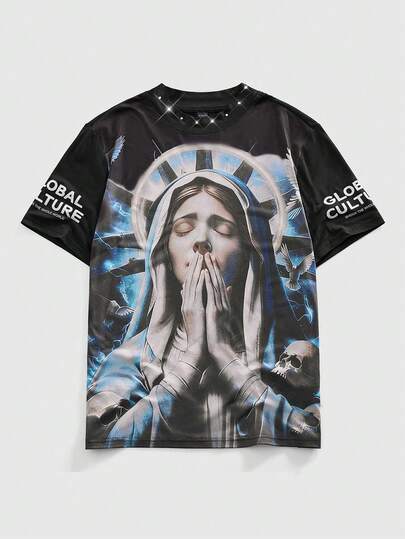 T-shirt da uomo a girocollo a maniche corte con grafica vintage di preghiera, streetwear