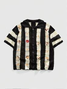 ROMWE MEN Men's Striped Short Sleeve Single-Breasted Casual Retro Knit Cardigan - Multicolor - View 1