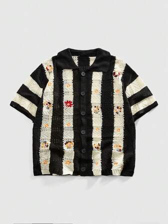 Cardigan décontracté à rayures à manches courtes et simple boutonnage pour hommes, style rétro en tricot