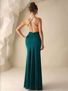 Coutiva 女士纯色水钻装饰美人鱼优雅腰身婚纱伴娘礼服 - 墨綠色 - 查看 2