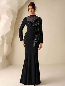 Coutiva Women's Mandarin Collar Rhinestone 3D Bow Decor Pleated Elegant Formal Mermaid Evening Dress Elegant Black Dresses For Women Long Sleeve Elegant Dress Rhinestone Dress Luxury Dress For Women Diamond Dress - Black - View 7