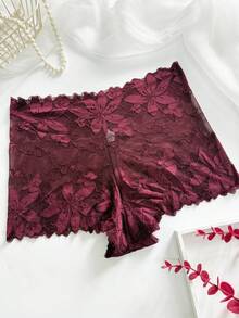 1pc Women's Sexy Lace Boyshorts, Romantic Simple Style Lingerie - Burgundy - View 2