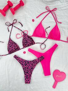 Swim Mod Beach Summer Outfits For Women:5pcs/Set Leopard Print & Black Spaghetti Strap High Cut Bikini Set Sets - Multicolor - View 4