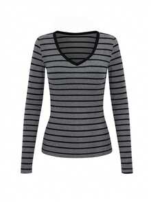 EMERY ROSE Women's V-Neck Striped Print Casual Versatile Long Sleeve T-Shirt - Grey - View 3