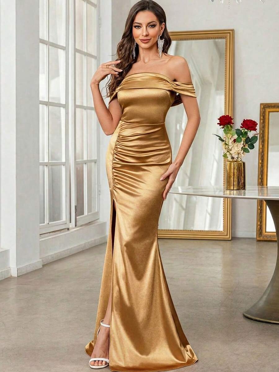 Glamine Off Shoulder Ruched Split Thigh Satin Bridesmaid Dress White Elegant Formal Evening Prom Wedding Guest Gown, For Graduation, Dinner For Holiday Party Clothes - Gold - View 1