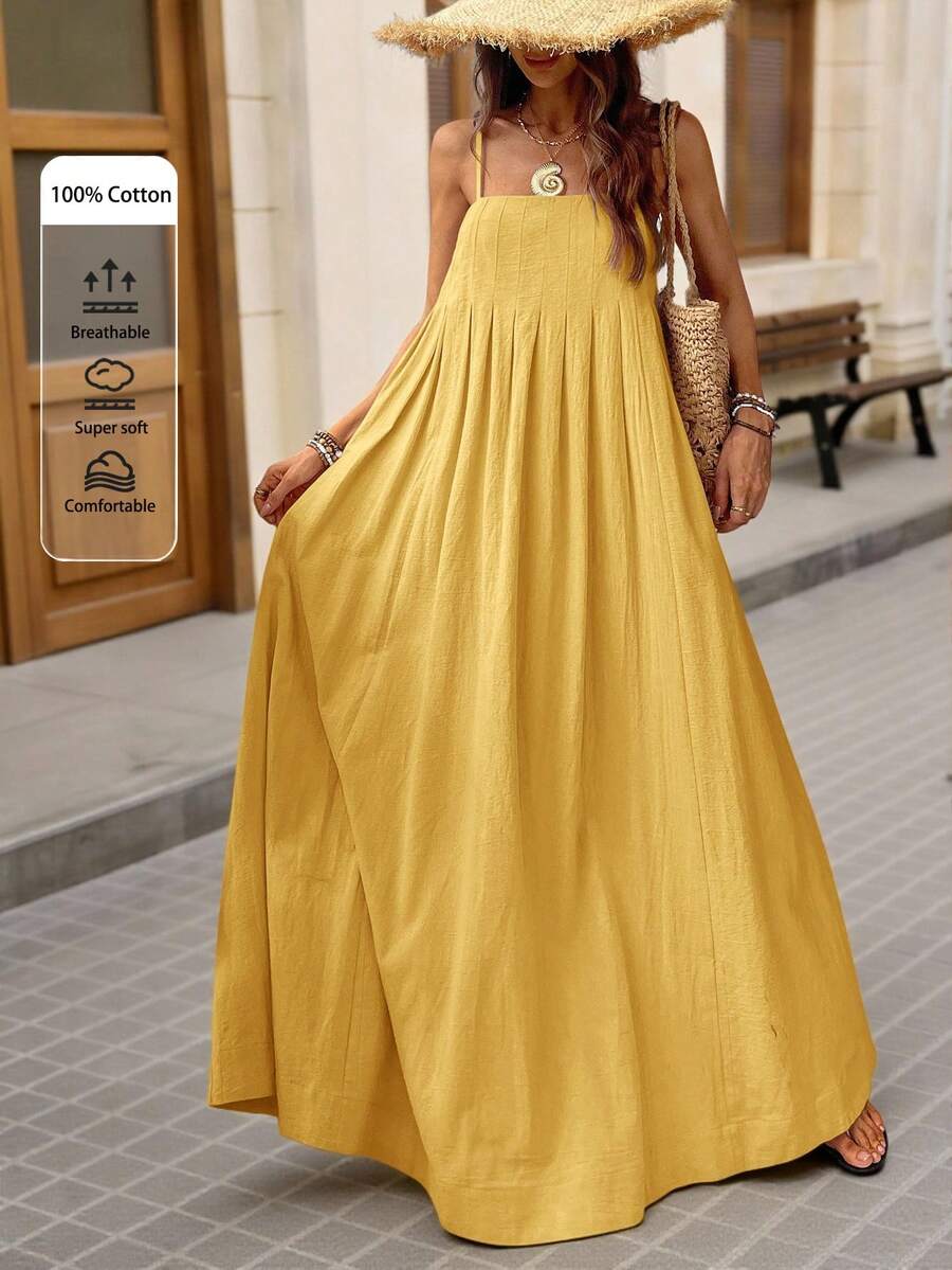 Brillora Váy cổ chữ V rộng rãi cho nữ, màu trơn, kỳ nghỉ & mùa hè - Màu vàng - Xem 1