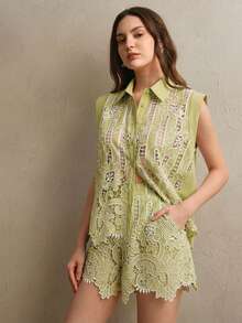 Women's Luxury Vintage Embroidered Sleeveless Top And Lace Shorts Set Short Suit Set Women - Green - View 5