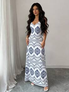 SHEIN PETITE Women's Casual Vacation Perris Print Adjustable Spaghetti Strap V-Neck Dress, Blue & White, Romantic - Blue and White - View 4