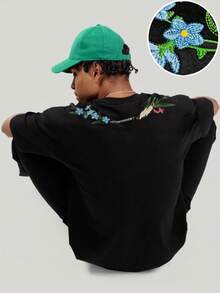 ROMWE MEN Street Life Men's Round Neck Short Sleeve Embroidered Loose Casual T-Shirt - Black - View 1