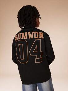 SUMWON 男童长袖纽扣衬衫，胸前印有学院风 04 图案，休闲度假风 - 黑色 - 查看 1