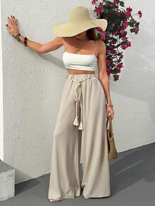 Cloudara Rope Detailed Wide Leg Pants Fake Linen - White - View 6
