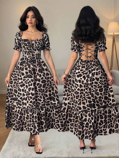 Elenzga Vestido con cuello cuadrado, lazo y estampado de leopardo con espalda cruzada y descubierta para mujer talla grande Breezaya