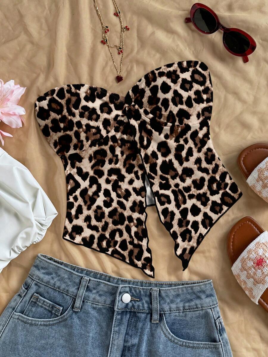 Soleia Top de mujer con estampado de leopardo marrón minimalista y casual, adecuado para primavera/verano, vacaciones, playa - Multicolor - Ver 1