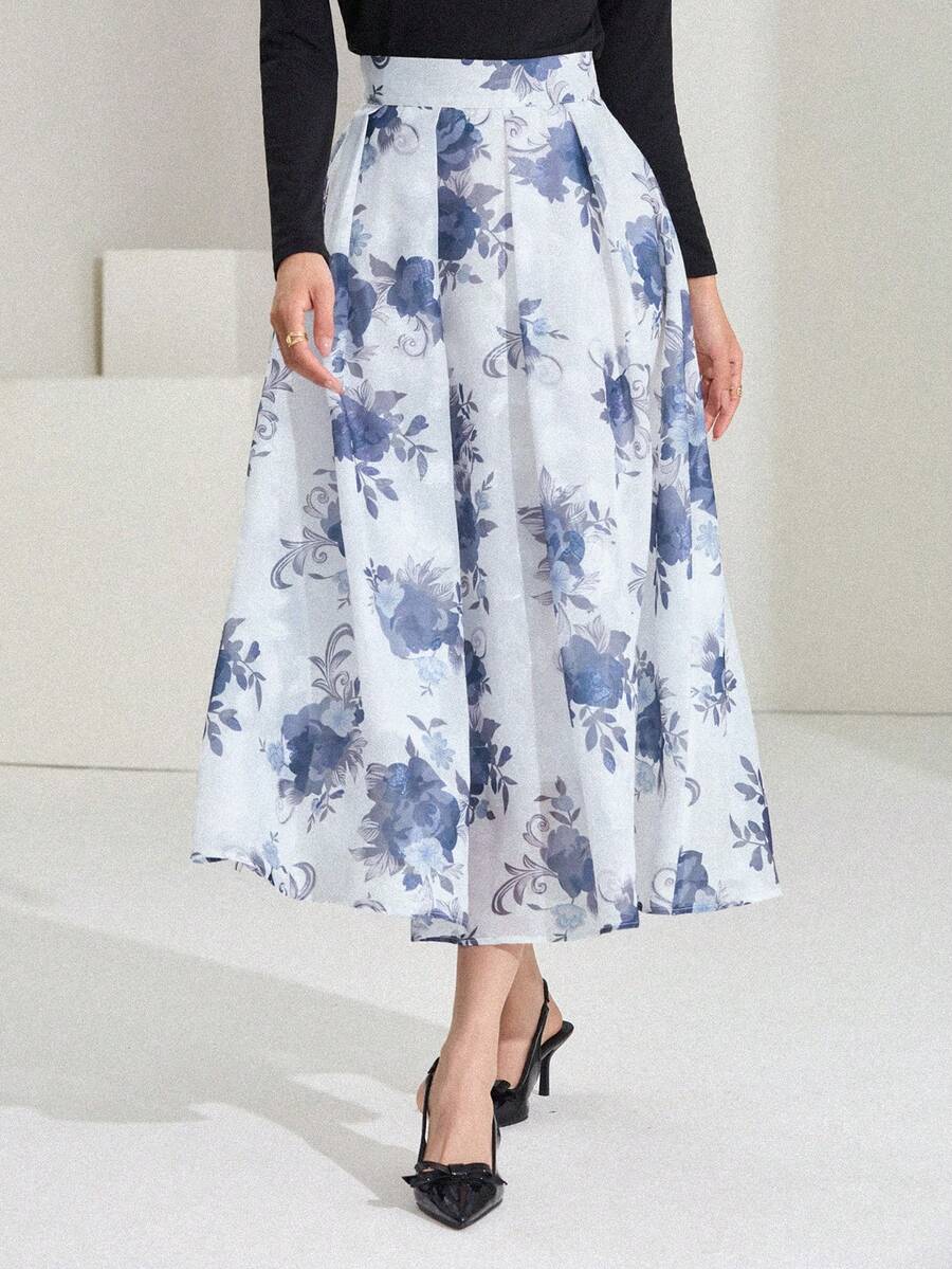 DAZY Women's Elegant Commuter Butterfly Print Pleated Skirt - Blue - View 1