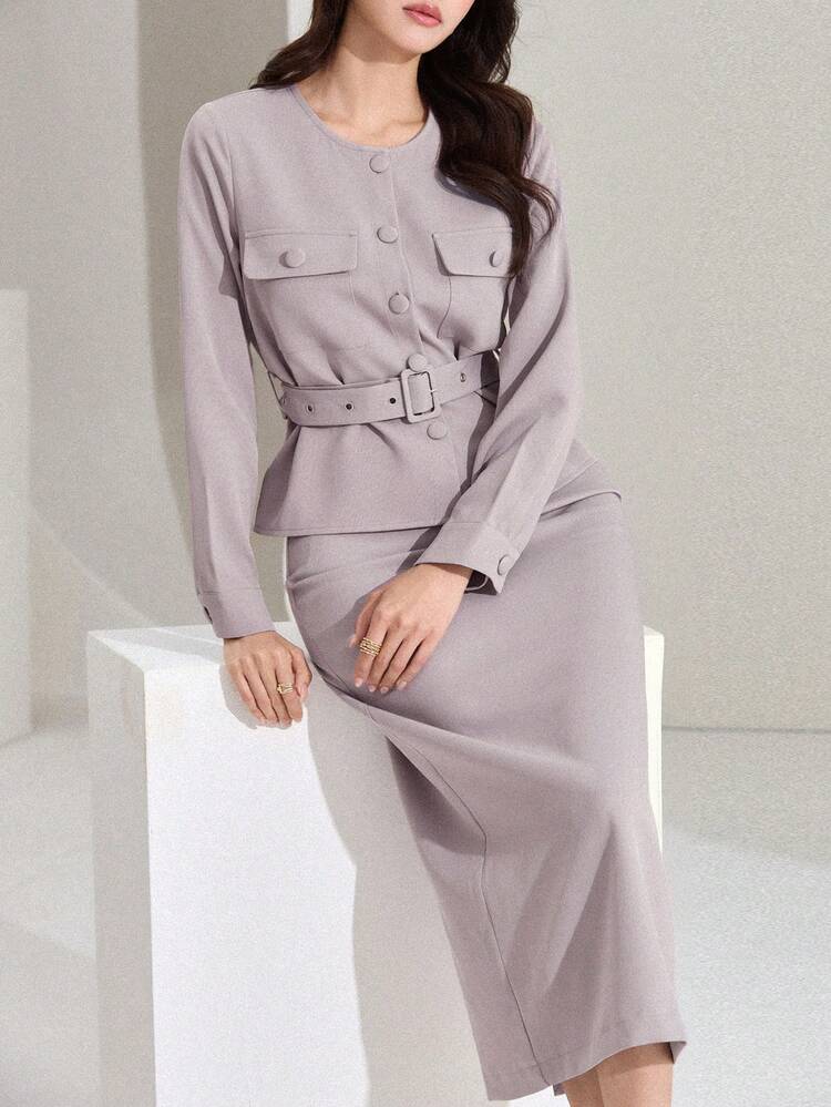 2pcs Women Set: Solid Color Front Button Tie Waist Long Sleeve Top And Skirt