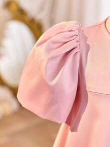 SHEIN Girls Cute Pink Polyester Round Neck A Line Midi Dress With Puff Sleeves Perfect For Church, Young Girls - Pink - View 6
