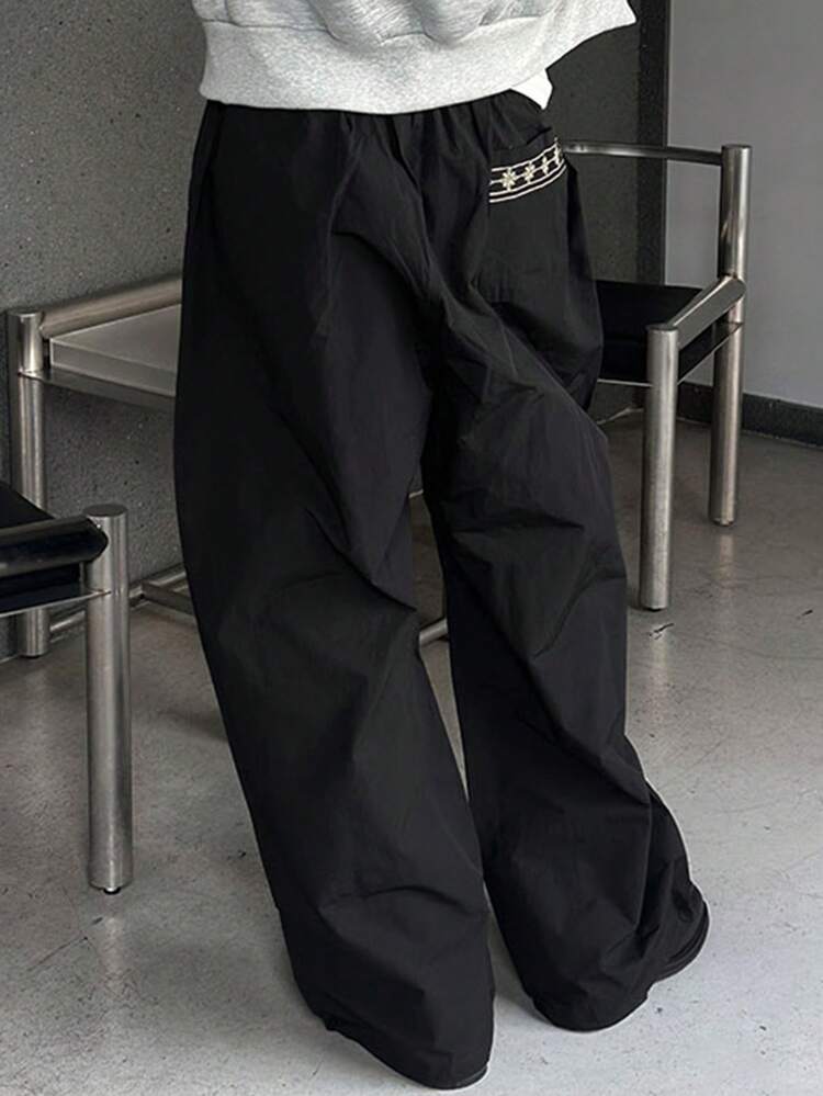 Men's Pants With Side Seam, Geometric Embroidery Pattern, Elastic Waist, Suitable For Spring And Autumn