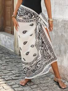 Brillora Women's Vacation Cashew Print Side Tie Fashionable Cover-Up & Mini Skirt - Black and White - View 4