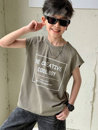 SHEIN Tween Boy Comfortable Letter Patched Casual Tank Top Suitable For Outdoor Activities, School Home Leisure And Professional Sports Tween Boys T Shirts Tween Boys Tank Tops Suitable For Spring/Summer, Daily Wear, Sports, Outings, School, Parties, Festivals, Photoshoots Cool Boy Shirt Designer Brand Boys Over Size Shirt 9 Years Old Boys Summer Active Clothes