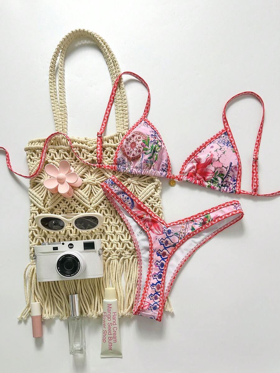 Swim Mod-D Women's Spring/Summer Printed Halter Metal Decor Bikini Set - Multicolor - View 1