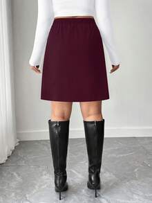 SHEIN Tall CURVE Plus Size Women Solid Color High Waist Zipper Front Casual A-Line Skirt - Burgundy - View 2