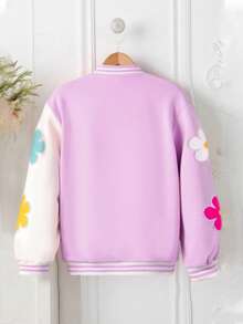 SHEIN Girls' Casual Fashionable Versatile Colorful 3D Floral Contrast Color Loose Baseball Jacket Coat, Spring/Autumn - Purple - View 2
