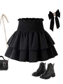 SHEIN 这是一条黑色双层蛋糕裙，适合大童穿着，腰部有褶皱设计。这是一款百搭休闲裙，适合夏季各种日常场合穿着。 - 黑色 - 查看 1