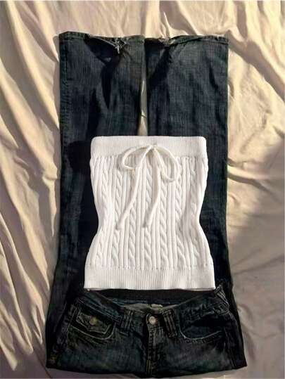 Glimmora Sexy Drawstring Cropped Twist Cable Sleeveless Knit Top