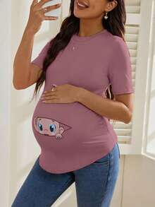 SHEIN Camiseta de manga corta con cuello redondo, estampado de dibujos animados lindo y casual para maternidad, verano - Rosa - Ver 8