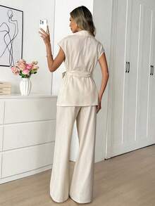 Easowa Women's Solid Color Waist Top And Pants Elegant 2 Pieces Set Valentine's Day Outfit Vacation Outfits For Women Pant Suit Summer Sets Linen Two Piece Set Two Piece Set Women Elegant Beige Two Piece Set Spring Outfits Elegant 2 Pieces Set - Apricot - View 5