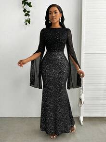 SHEIN Lady Women's Elegant Party Glitter Cape Sleeve Dress - Black - View 6