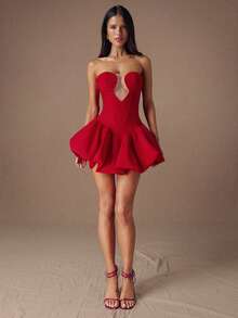 SHEIN BAE 女士撞色网纱荷叶边性感无肩带连衣裙 - 紅色 - 查看 3
