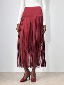 Maija 女士麂皮绒面料中腰收腰流苏拼接设计修身显瘦波西米亚风休闲半身裙，适合都市通勤、商务、休闲、派对、婚礼宾客、夏季、情人节、新年等场合。 - 酒紅色 - 查看 4