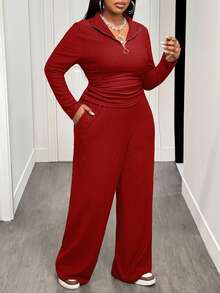 Slaydiva 秋冬新款休闲日常家居运动修身纯色咖啡棕色衬衫领半拉链腰部单褶常规T恤搭配宽松阔腿口袋裤，针织纹理面料女款加大码两件套 - 紅色 - 查看 8