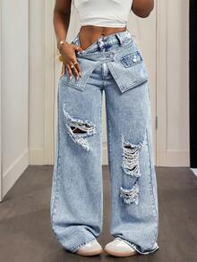 Slaydiva Plus Size Women Distressed Wide Leg Loose Casual Jeans - Light Wash - View 5
