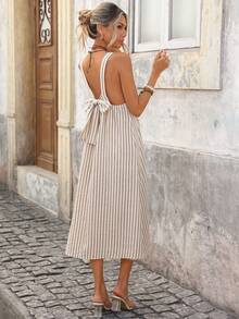 Brillora 女士时尚优雅休闲度假沙滩日常连衣裙，棕色条纹连衣裙，白色条纹连衣裙 - 棕色 - 查看 6